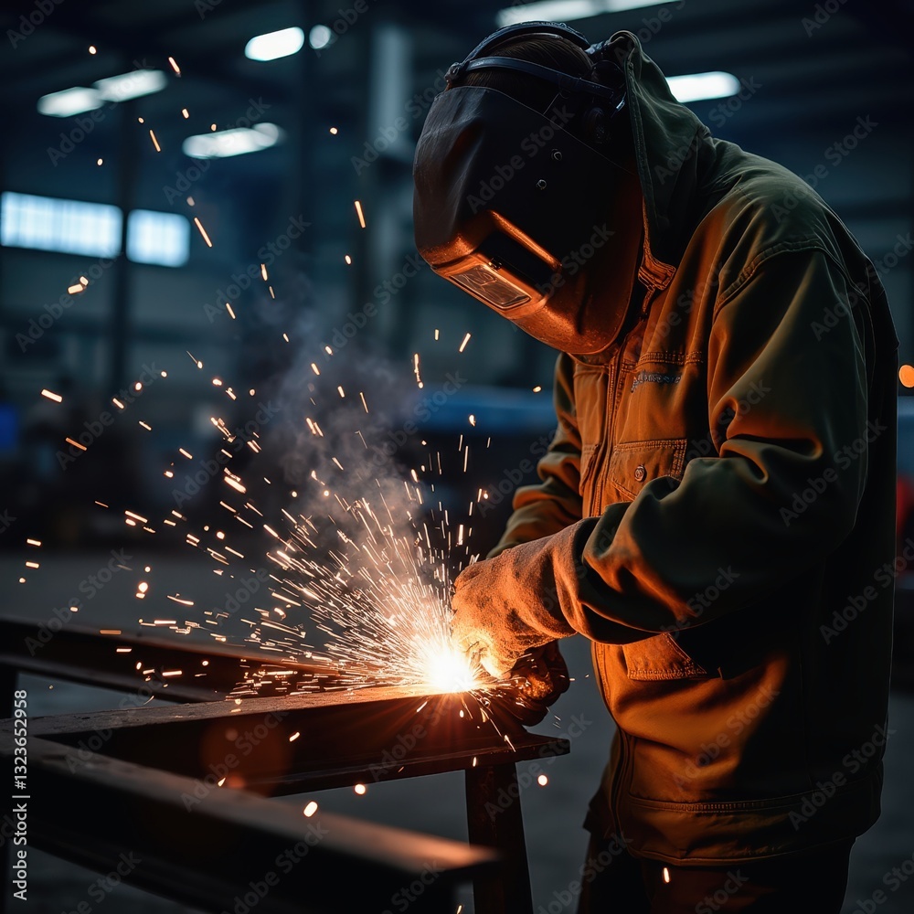 Industrial welder joining metal beams creating sparks in the factory Industrial welder joining metal beams creating sparks in the factory