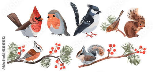 Winter animals vector set, birds, squirrel, wildlife, forest creatures, snow, nature, cute animals, winter scene, animal illustrations, wildlife design, winter forest background