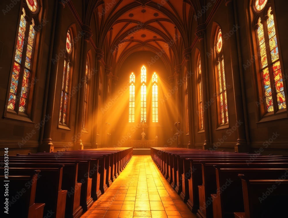 Fototapeta premium Golden light illuminating ancient cathedral interior