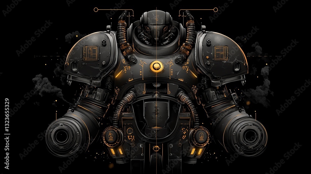 DarkMech A Powerful Armored Exoskeleton,Steam-Powered, Futuristic Design, Glowing Details Against a Black Background DarkMech A Powerful Armored Exoskeleton,Steam-Powered, Futuristic Design, Glowing Details Against a Black Background
