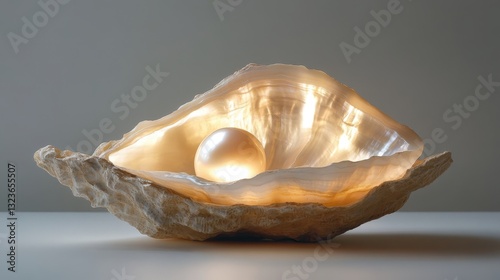 A pristine, oyster shell, its pearly interior gleaming under the soft glow, cradles an isolated pearl, a symbol of elegance and purity, against a transparent backdrop.