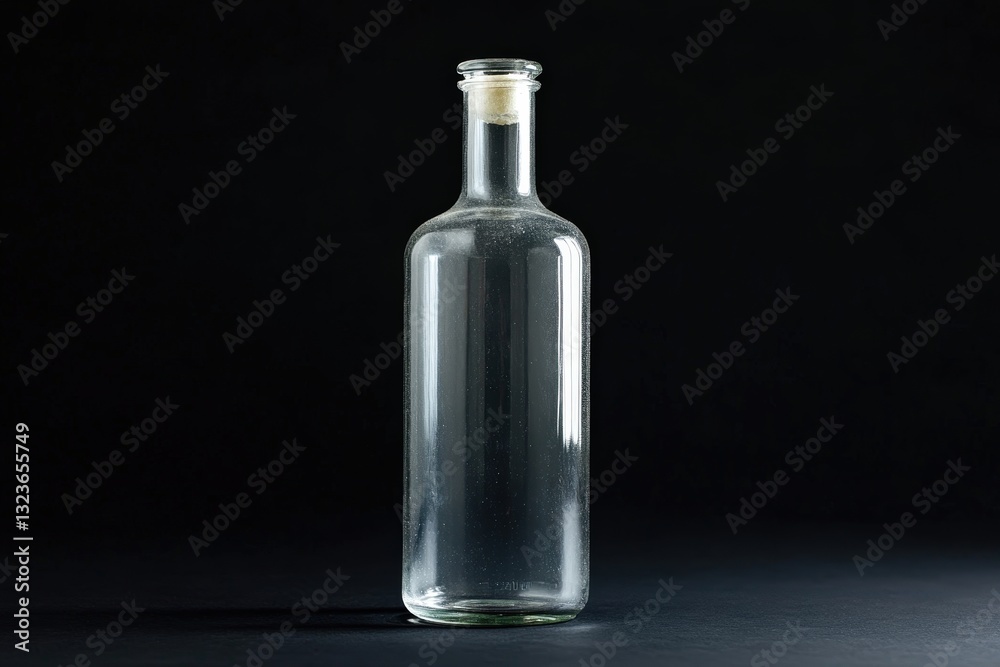 A clear glass bottle is displayed on a black background A clear glass bottle is displayed on a black background