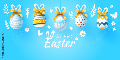 Easter holiday, eggs with bunny ears and bow. Vector illustration