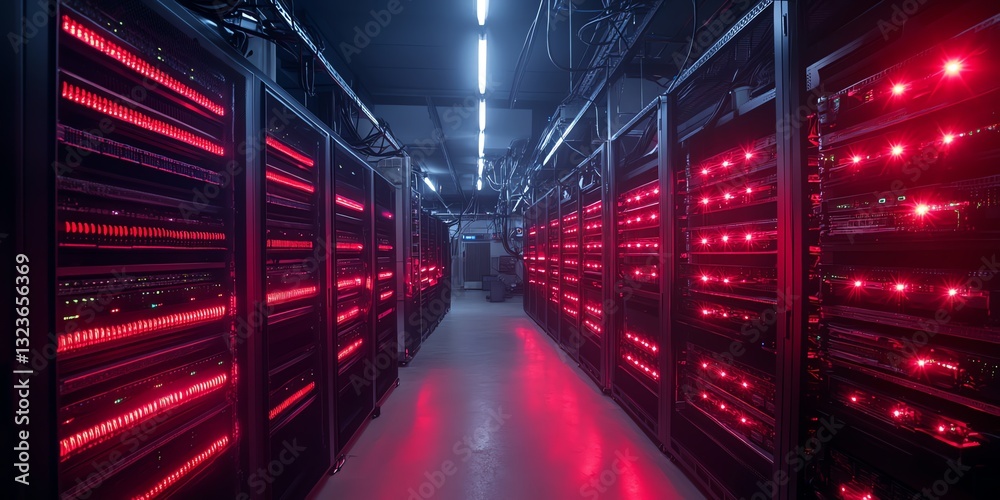 Fototapeta premium Walking Through Server Room with Rows of Glowing Red Lights