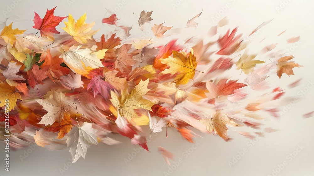Fototapeta premium Colorful autumn leaves in motion, showcasing vibrant fall hues on a neutral background.