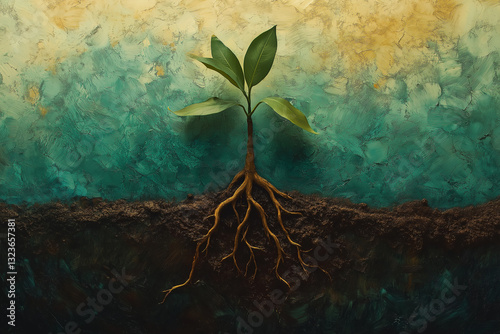 Harmonious dance between plants and soil, as roots delve into depths of earth while leaves yearn for heavens, embodies exquisite equilibrium of existence and flourishing