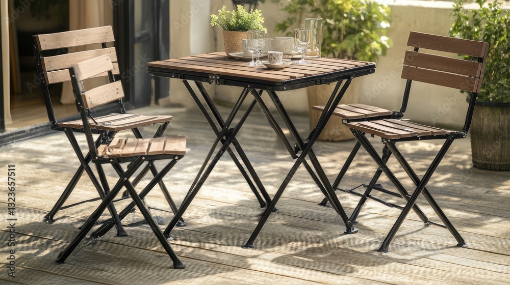 Fototapeta premium A foldable dining table set up in a small apartment.