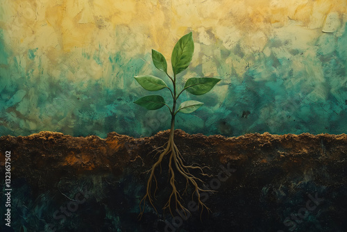 Harmonious dance between plants and soil, as roots delve into depths of earth while leaves yearn for heavens, embodies exquisite equilibrium of existence and flourishing