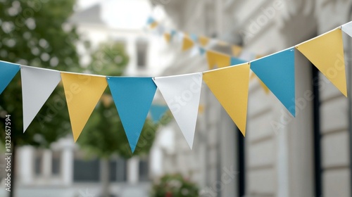 Colorful festive bunting flags hang in an outdoor urban setting, adding a cheerful touch to the scene.