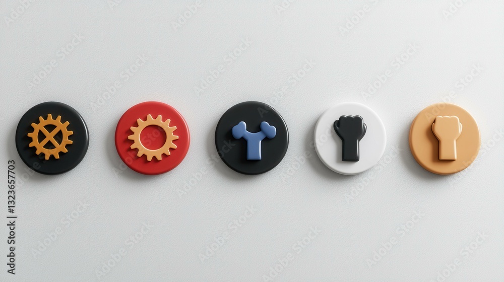 Colorful gear and fist icons on circular buttons, symbolizing unity and industry against neutral backdrop. Colorful gear and fist icons on circular buttons, symbolizing unity and industry against neutral backdrop.