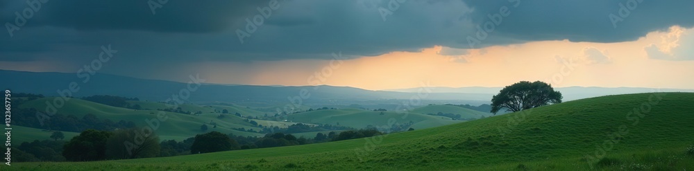 Rolling hills with trees against a vast plateau under a dark and cloudy sky, serene, hills, nature Rolling hills with trees against a vast plateau under a dark and cloudy sky, serene, hills, nature