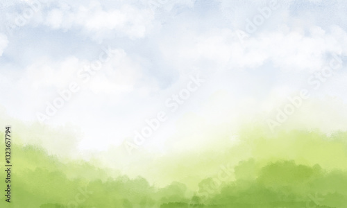 Summer rural landscape with hills under blue sky and white clouds. Horizontal seamless border. Watercolor digital illustration. View of green grass on mountain slope with blue sky and fluffy clouds