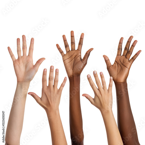 Diverse hands raised in the air on a transparent background