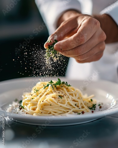 A chef sprinkling herbs over a plate of pasta carbonara in a professional kitchen