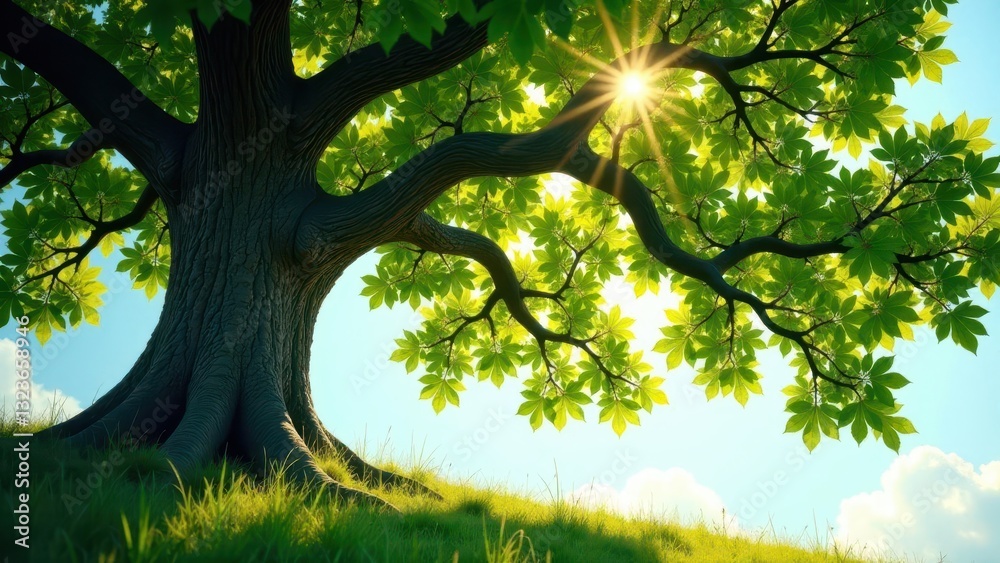 Obraz premium Majestic Tree Basking in the Warmth of Sunlight on a Gentle Slope, casting a refreshing shadow
