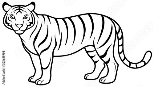 A Majestic Tiger Standing Proudly, A Symbol Of Wild Beauty And Power, Depicted In Bold Black And White Lines