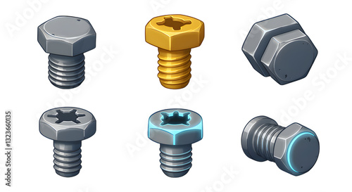 Illustrated Variety of Screws Bolt Heads for Engineering or Construction