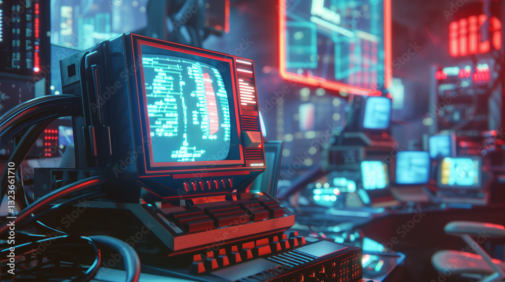 Obraz premium A fusion of retro and futuristic technology, where old-school computers coexist with cutting-edge holographic interfaces in a neon-drenched cyberpunk world. A striking contrast between past innovation