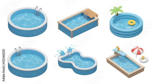 Various Swimming Pools Illustrations with Accessories for Summer Fun and Relaxation
