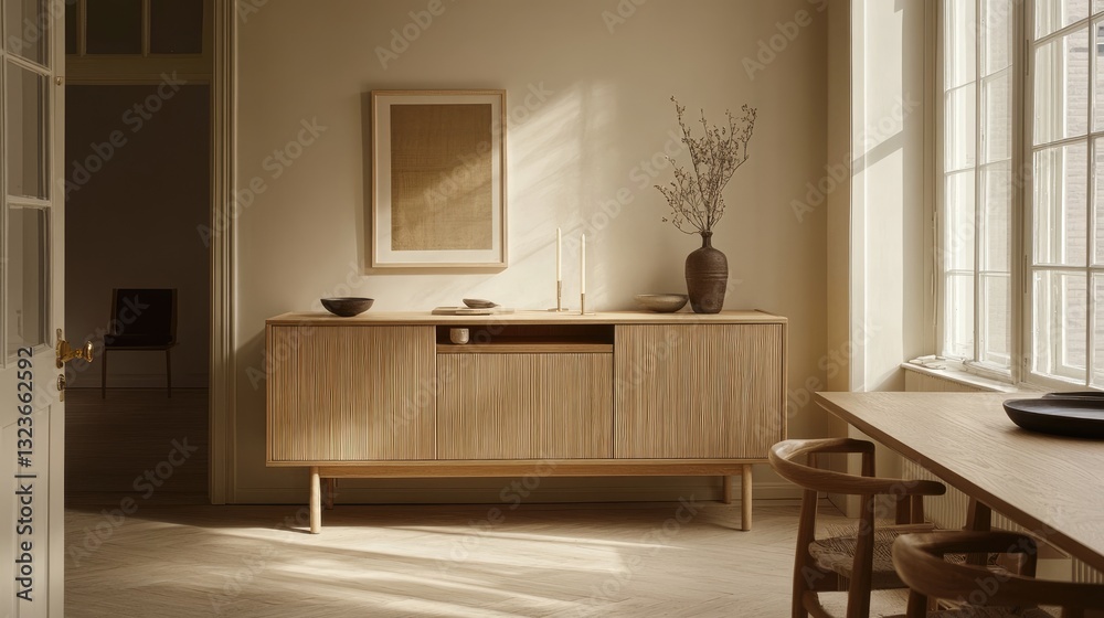 A multi-functional sideboard with storage in a dining room. A multi-functional sideboard with storage in a dining room.