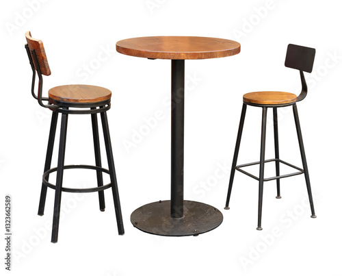 Wooden Bar stools with high table. Round wooden table and two chairs bar isolated. Bar Table and Round Bar Table. Pub Dining Table