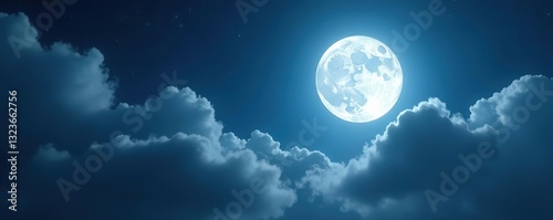 Silvery glow of the full moon amidst wispy white clouds, moon, ethereal