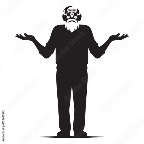 Wise but Confused Shrugging Oldman silhouette, even wisdom has limits - Oldman illustration - Minimalist Shrugging Oldman vector - Thoughtful elder

