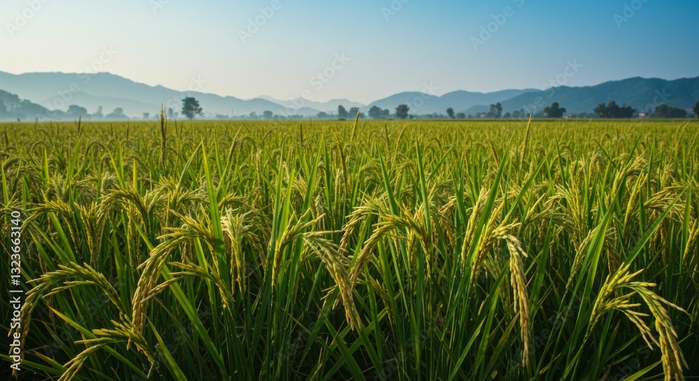 Lush Green Rice Field with Mountain Backdrop Lush Green Rice Field with Mountain Backdrop