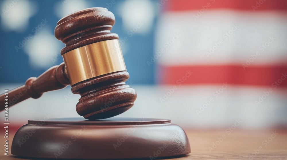Wooden gavel on a desk with American flag in the background Wooden gavel on a desk with American flag in the background