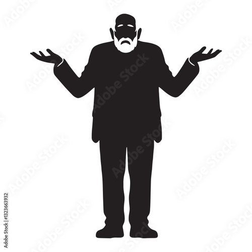 Innocent Shrugging Oldman silhouette, pretending not to know - Oldman illustration - Minimalist Shrugging Oldman vector - Humble figure
