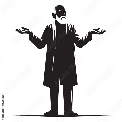 Hesitant Shrugging Oldman silhouette, unsure of the answer - Oldman illustration - Minimalist Shrugging Oldman vector - Uncertain elder
