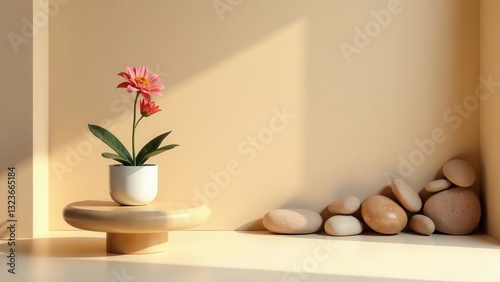 Wallpaper Mural Serene Minimalist Still Life Featuring a Delicate Pink Flower in a White Pot on a Wooden Pedestal with Smooth Stones Torontodigital.ca