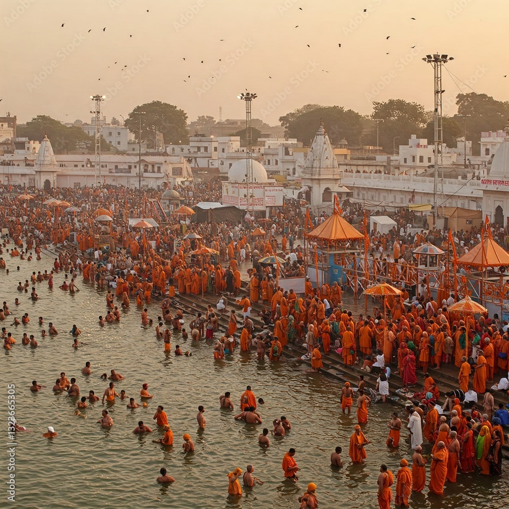 Obraz premium Mahakumbh 2025, the world’s largest spiritual gathering, unites millions at the sacred Triveni Sangam for a divine dip that cleanses the soul. The event draws sages, monks, and Aghoris.