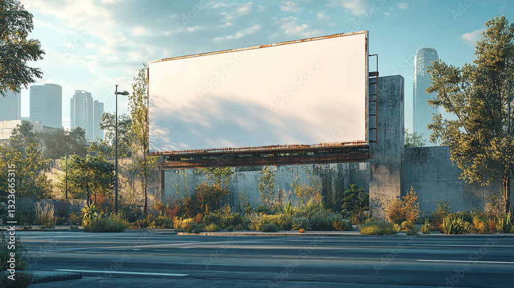 A blank billboard stands against a city skyline at sunset. A blank billboard stands against a city skyline at sunset.