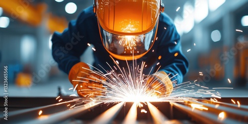 Construction site worker with welding mask shield and safety gear. A worker in a safety helmet engages in welding, producing bright sparks in a well-lit industrial environment.
