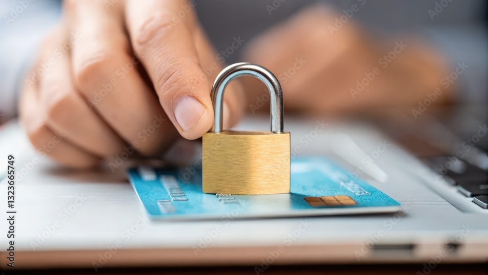 protect prevention policy concept. A hand placing a lock on a credit card on a laptop.