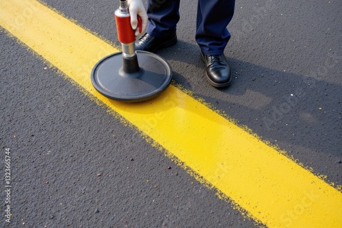 Professional Male Worker Applying Bright Yellow Road Marking Paint on Asphalt Surface with a Specialized Tool for Traffic Safety and Road Maintenance photo
