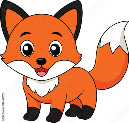 A bright orange fox with a bushy tail, wagging happily.