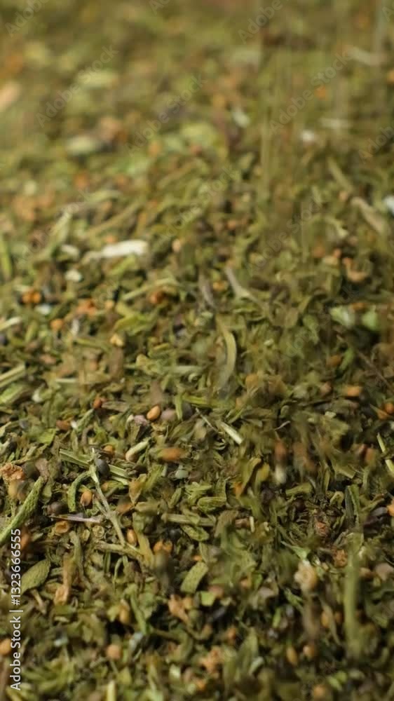Organic dried savory leaves spice macro pour, vertical slow motion Organic dried savory leaves spice macro pour, vertical slow motion