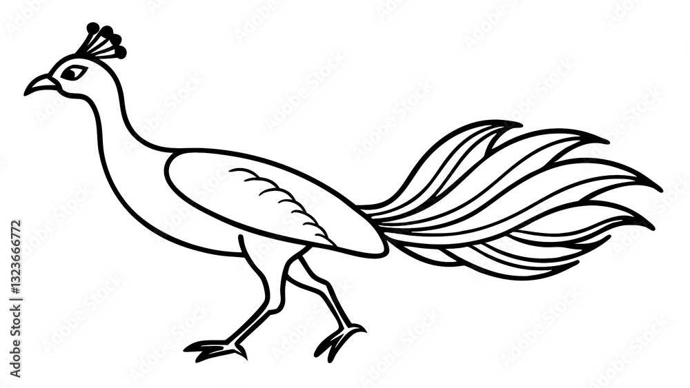 Naklejka premium A Regal Peacock In Graceful Stride, Its Vibrant Tail Feathers Elegantly Displayed In A Simple, Bold Line Drawing