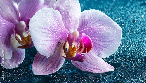 Close-up of orchids with glistening water droplets on the petals, creating a stunning and fresh atmosphere. The delicate details of the flowers and the sparkle of the droplets add elegance and beauty.