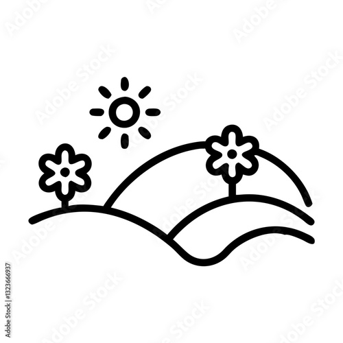 Minimalistic landscape with flowers and sun outline