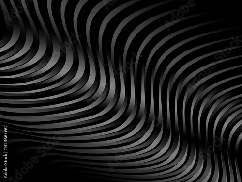 Abstract art geometric black background with shiny abstract 3d gradient gray lines pattern. Gray black optical illusion with waves and transitions.