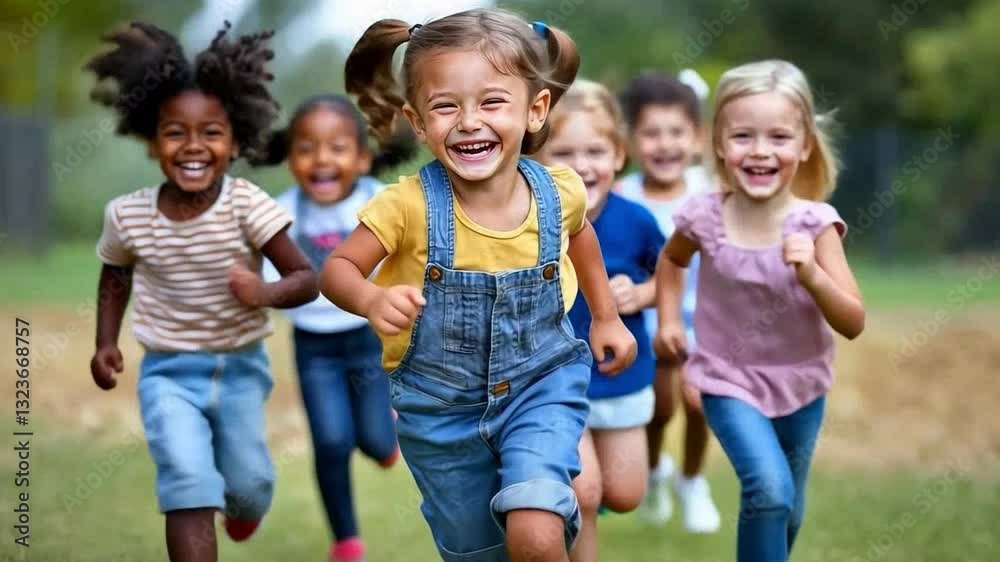 Smiling children running outdoors in joyful group, enjoying carefree moments and friendship while playing together. Smiling children running outdoors in joyful group, enjoying carefree moments and friendship while playing together.