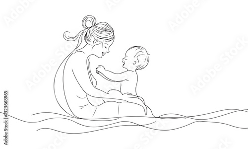 A single continuous line drawing of a mother holding a baby in her arms, a simple minimalistic one-line vector art illustration on a white background,