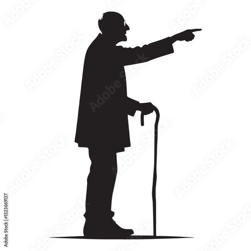 Contemplative Pointing Oldman silhouette, pondering the world with wisdom - Oldman illustration - Minimalist Pointing Oldman vector - Reflective scholar
