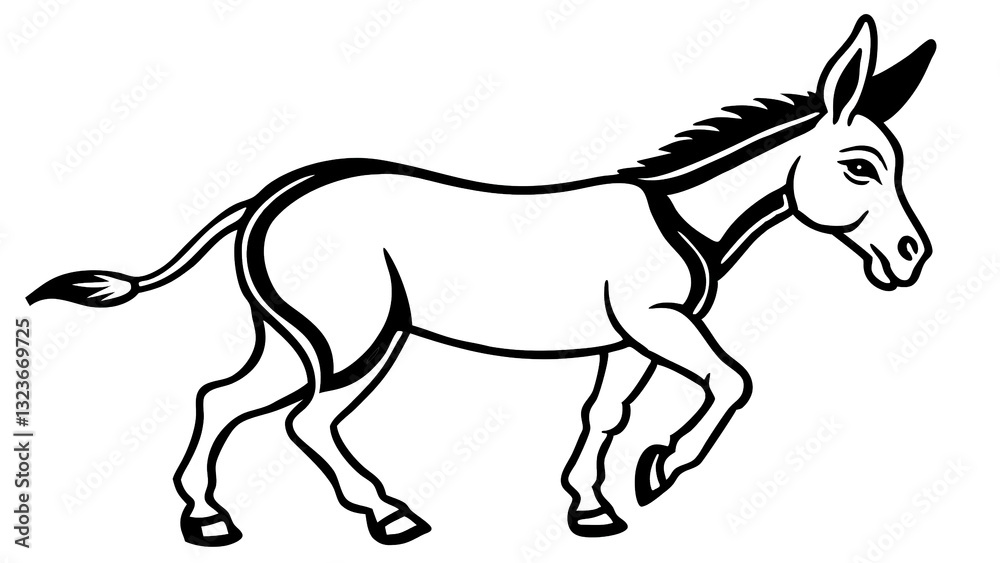Fototapeta premium A Steadfast Donkey Gracefully Strides Across A Clean White Background In A Bold, Black-and-white Line Art Style