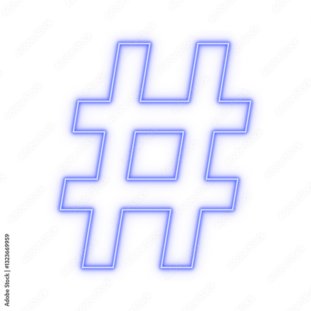 Obraz premium Neon blue outline # number sign hash symbol on transparent background
