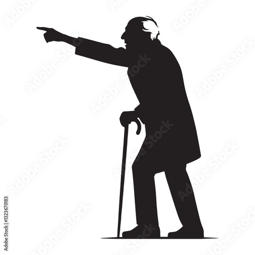 Authoritarian Pointing Oldman silhouette, demanding attention and respect - Oldman illustration - Minimalist Pointing Oldman vector - Dominant elder
