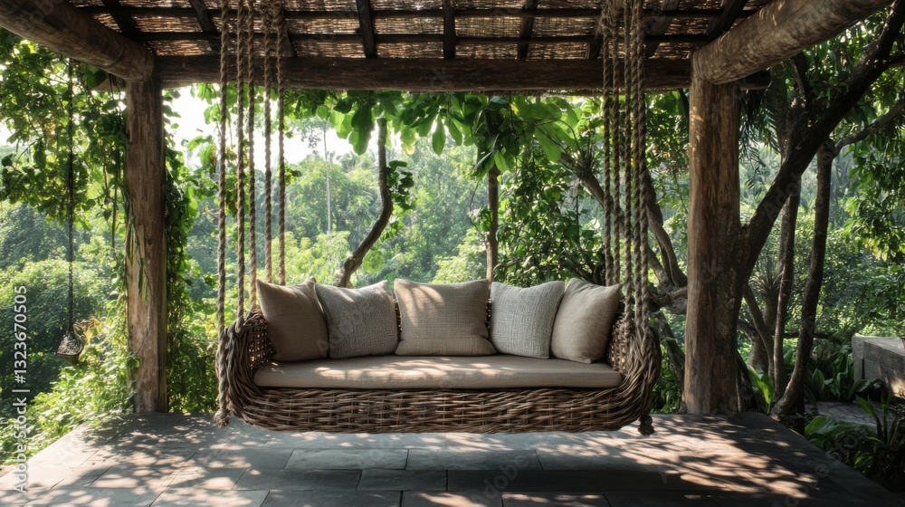 Cushions, beams, trees, retreat. Generative AI Cushions, beams, trees, retreat. Generative AI